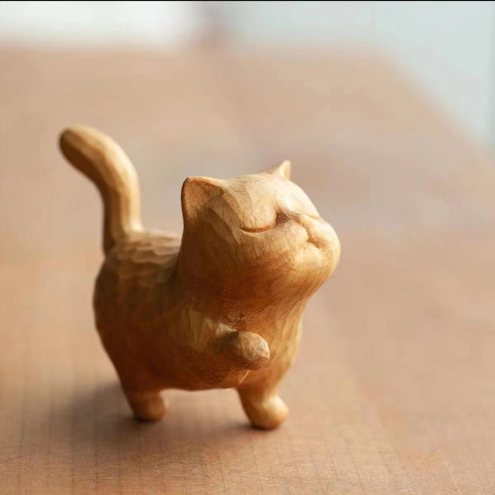 Solid Wood Carving Cute Cat Ornaments