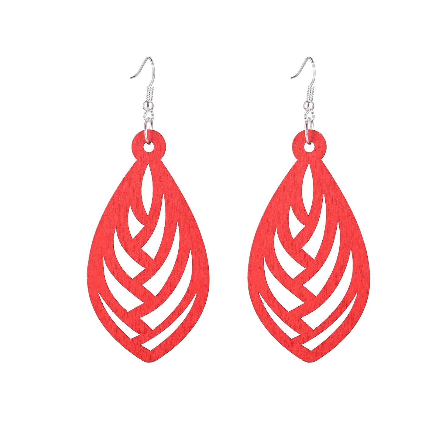 Red Hollow Wood Earrings Silver-Plated Ear Studs
