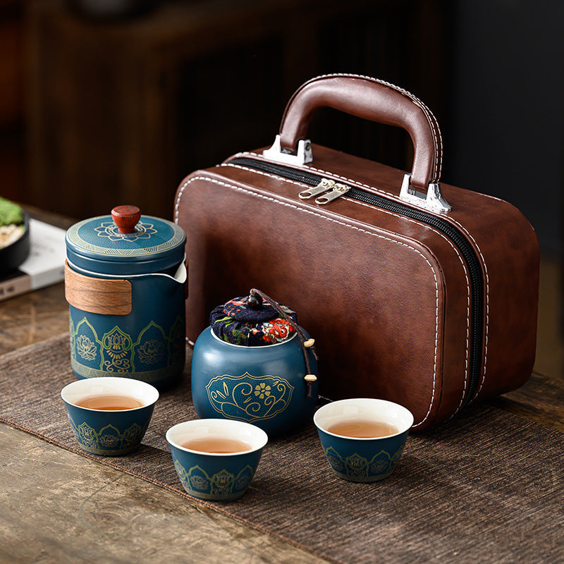 Chinese Ceramic Tea Set Suit One Pot Four Cups Carry Box