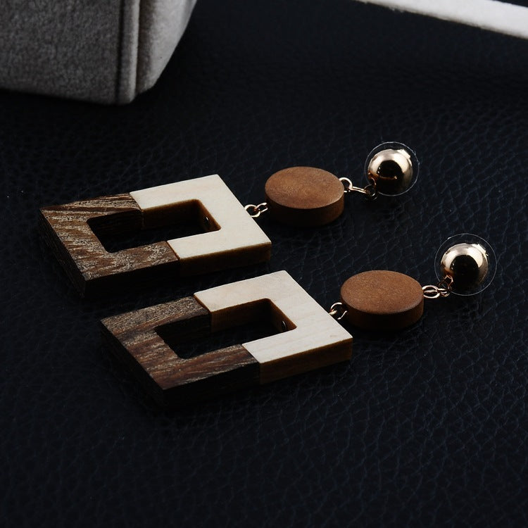 Hollow Rectangular Geometric wooden earrings
