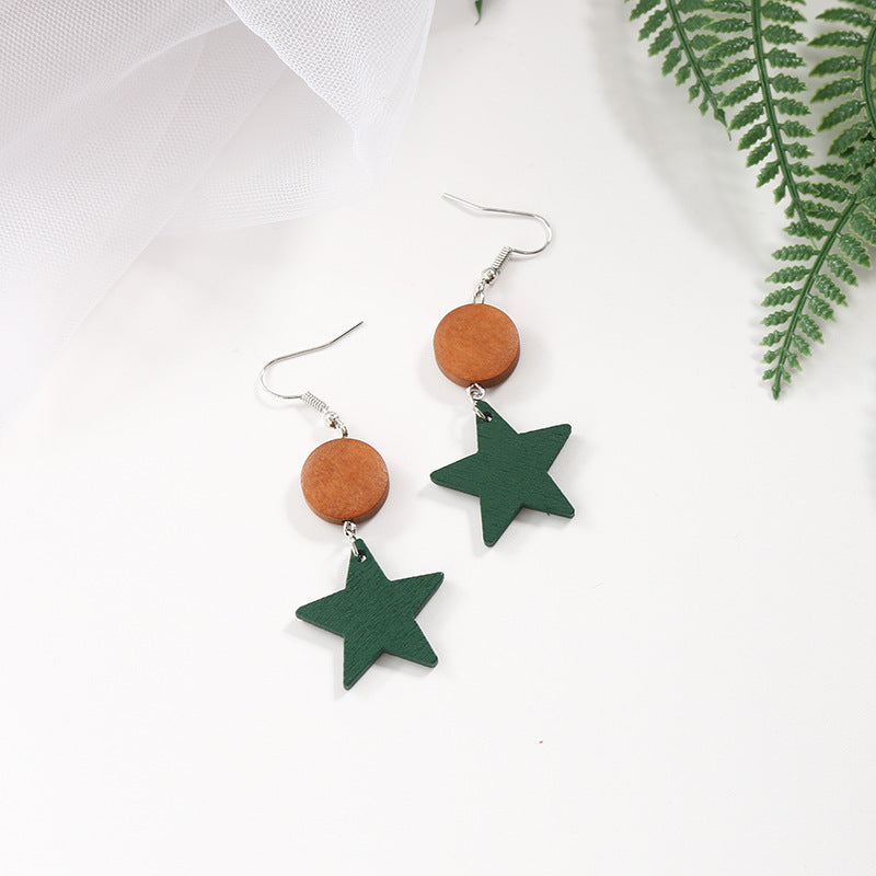 Retro Green Star Geometric Wood Earrings