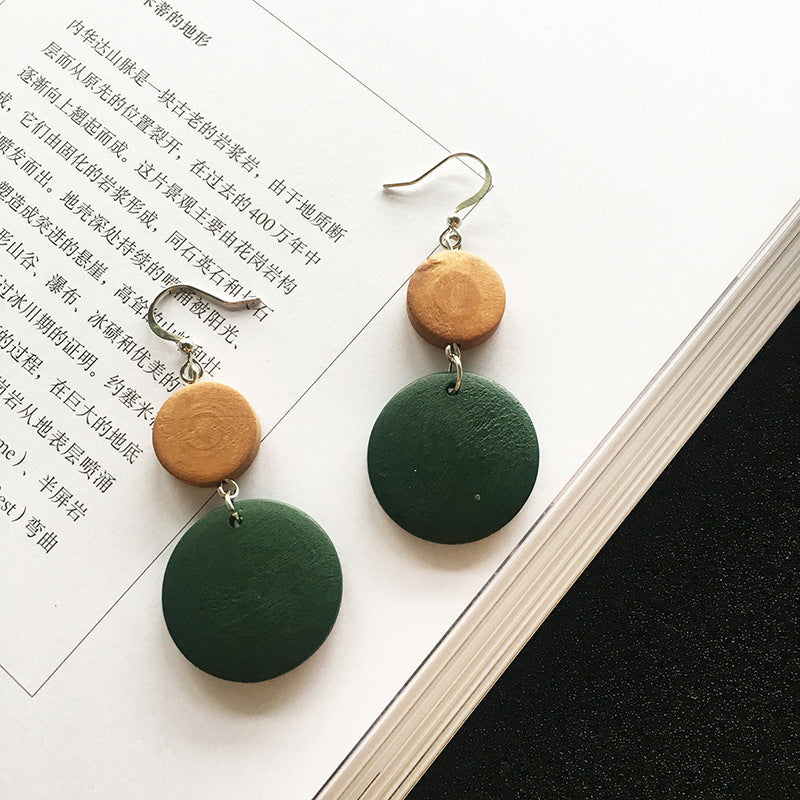 Retro Green Round Geometric Wood Earrings