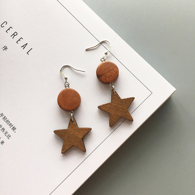 Retro Star Geometric Wood Earrings