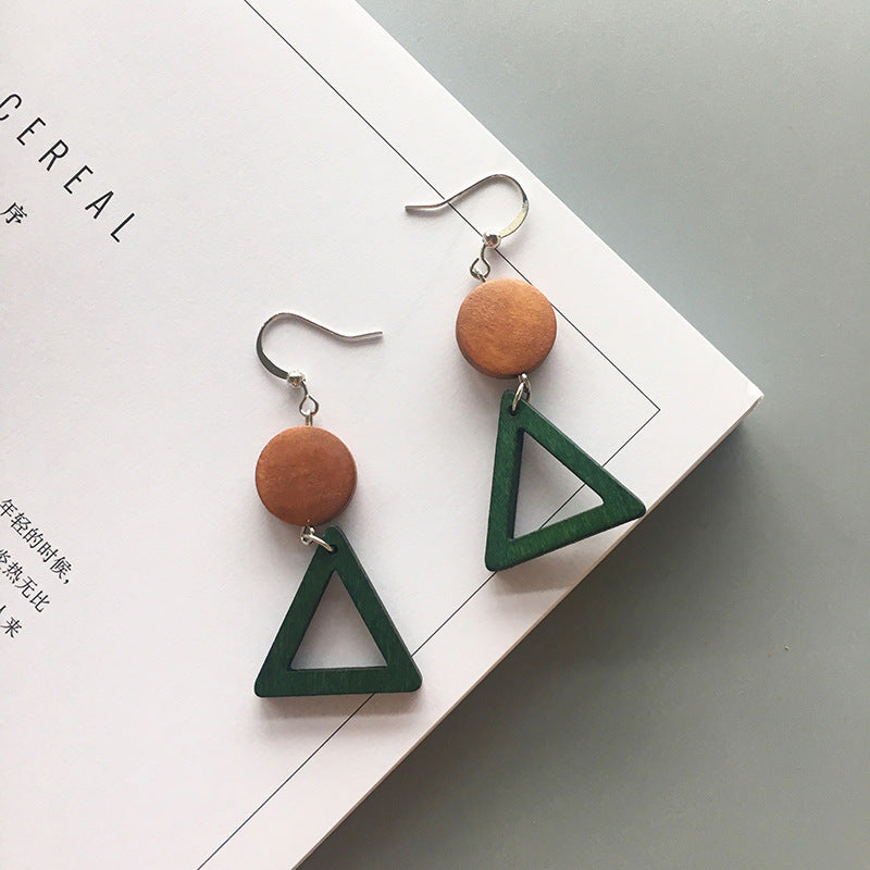 Retro Green Colour Geometric Wood Earrings