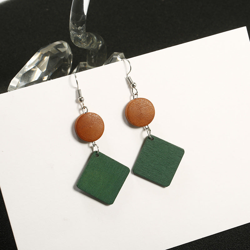 Retro Green Colour Square Geometric Wood Earrings