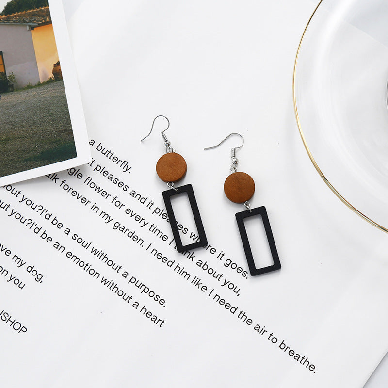 Retro Black Hollow Square Geometric Wood Earrings
