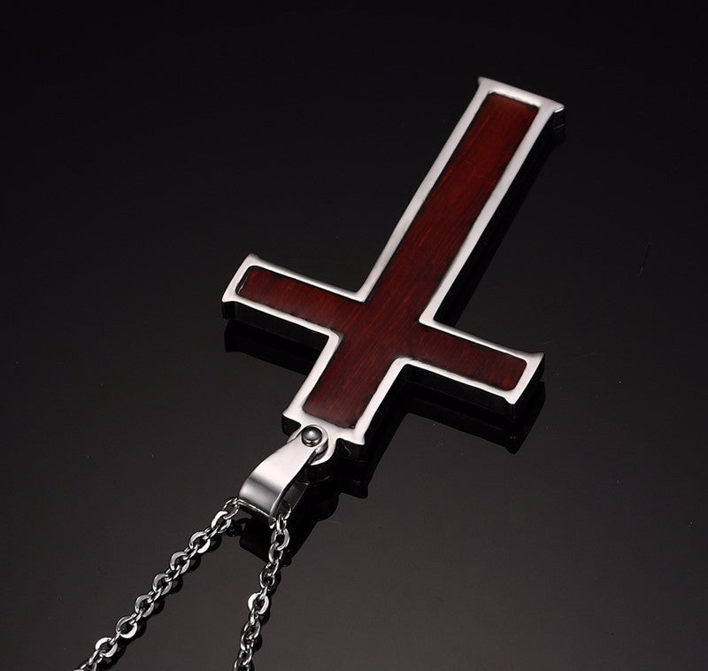 Inlaid wood grain cross necklace