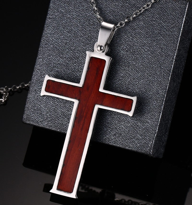 Inlaid wood grain cross necklace