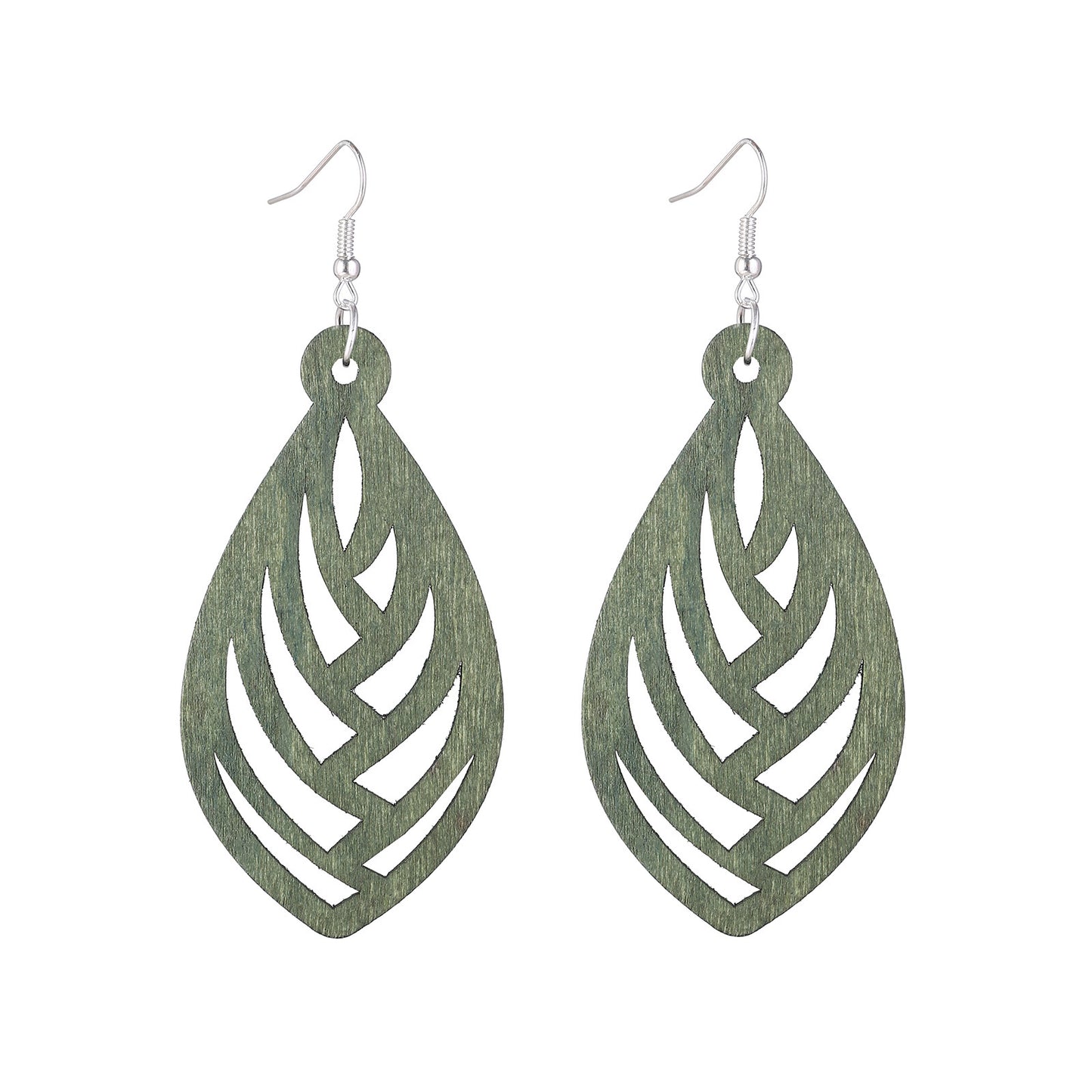 Green Hollow Wood Earrings Silver-Plated Ear Studs