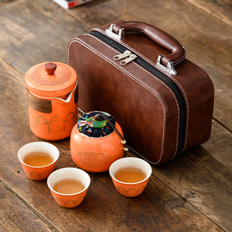 Chinese Ceramic Tea Set Suit One Pot Four Cups Carry Box