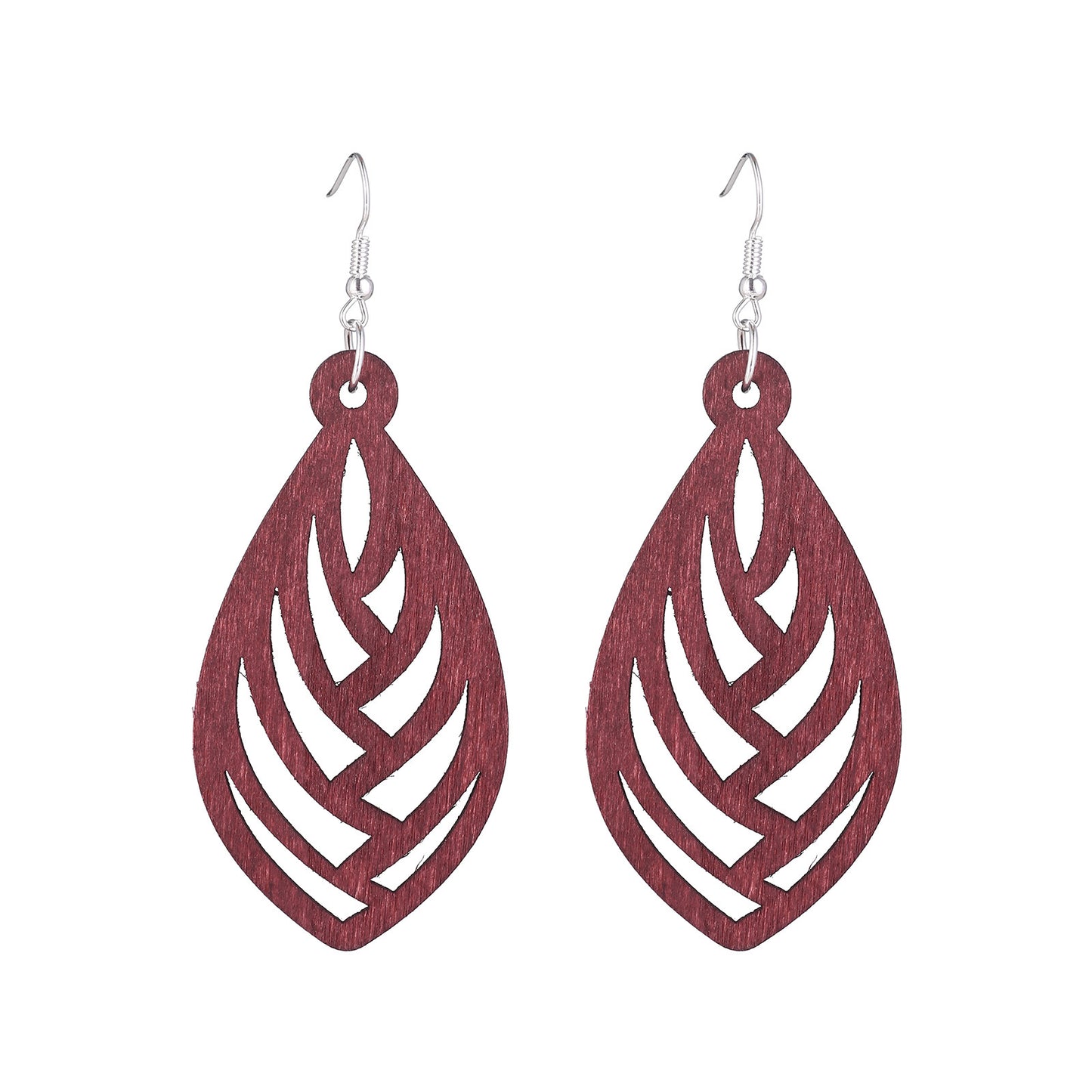 Dark Red Hollow Wood Earrings Silver-Plated Ear Studs