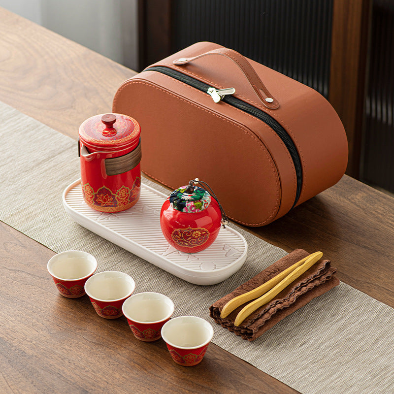 Chinese Ceramic Tea Set Suit One Pot Four Cups Carry Box