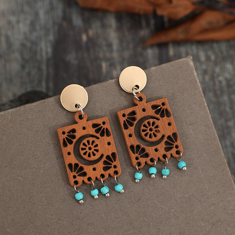 Geometric Hollow Wooden Earrings Turquoise Tassel Retro
