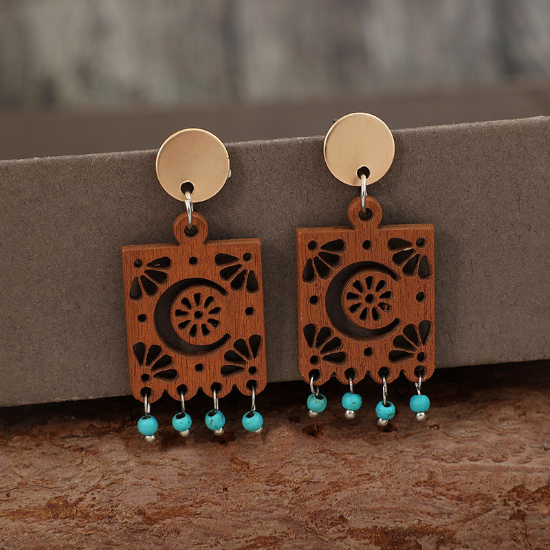 Geometric Hollow Wooden Earrings Turquoise Tassel Retro