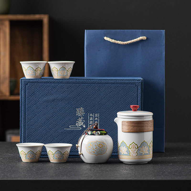 Chinese Ceramic Tea Set Suit One Pot Four Cups Gift Box