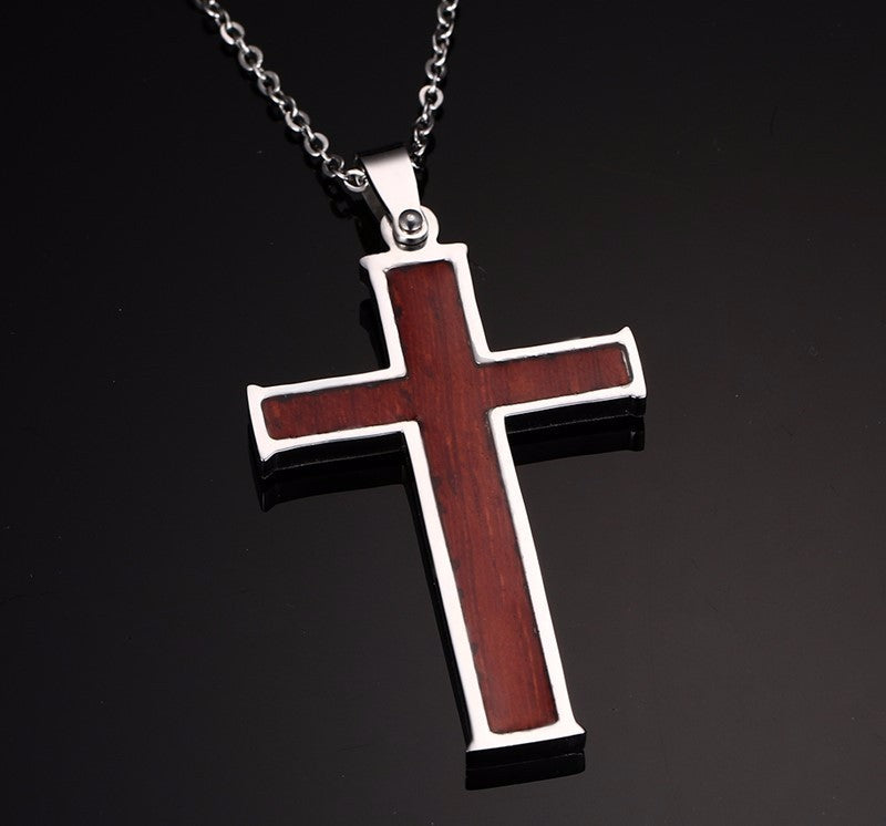Inlaid wood grain cross necklace