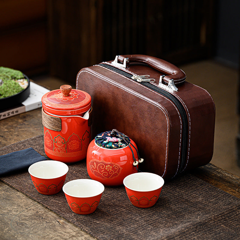 Chinese Ceramic Tea Set Suit One Pot Four Cups Carry Box