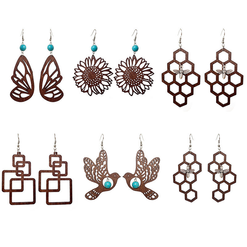 Creative Birds, Square, Honey Comb, butterfly, Wood Earrings