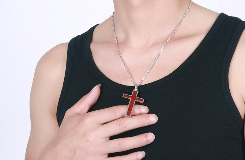 Inlaid wood grain cross necklace