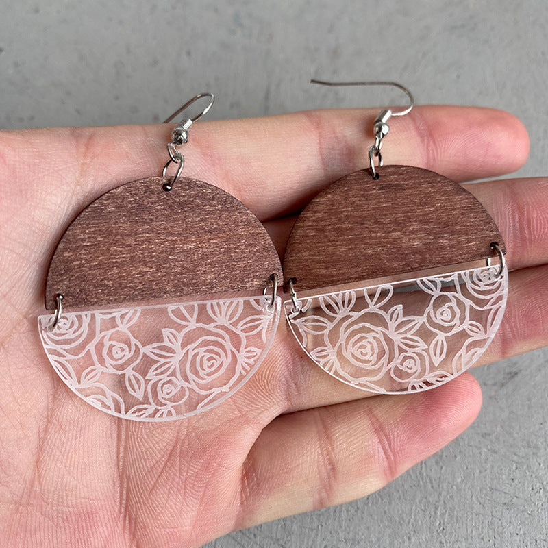 Wood Acrylic Rose Flower Earrings
