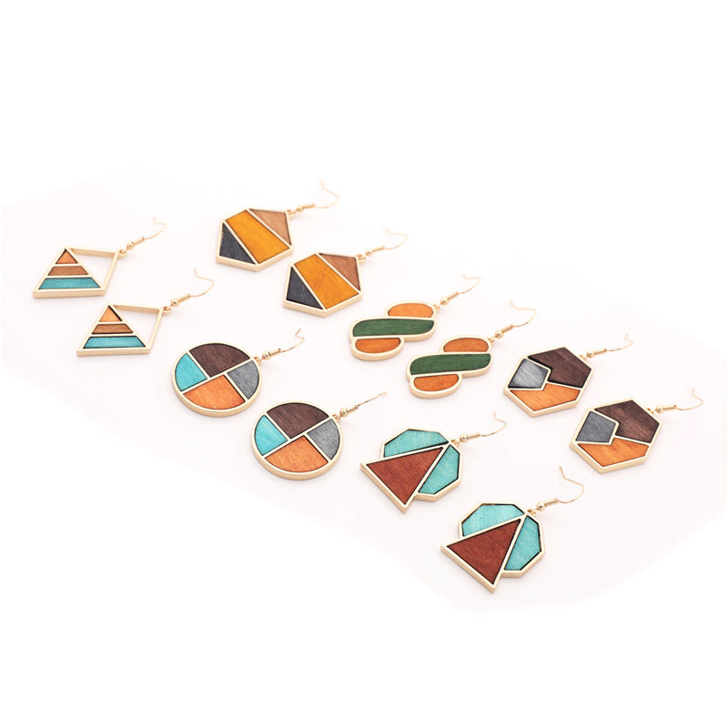 African Wood Earrings Geometric Contrast Color