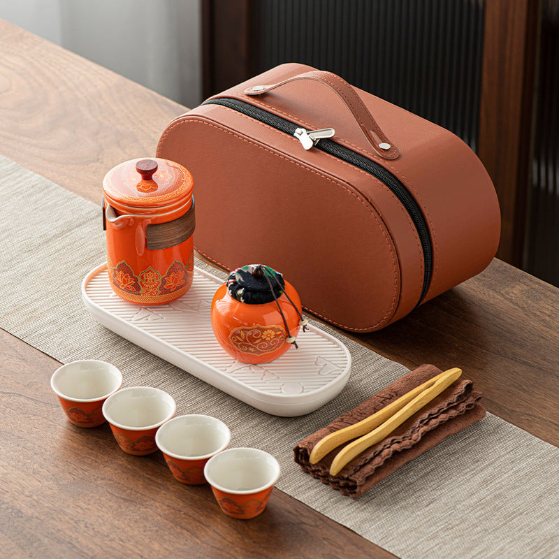 Chinese Ceramic Tea Set Suit One Pot Four Cups Carry Box