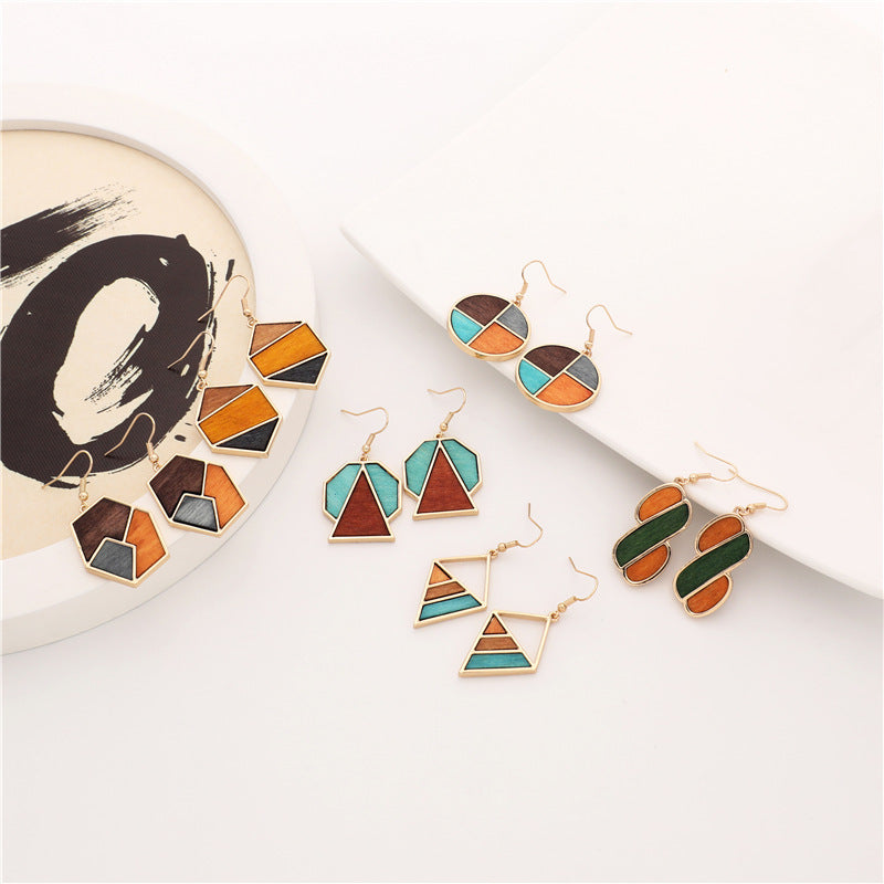 African Wood Earrings Geometric Contrast Color