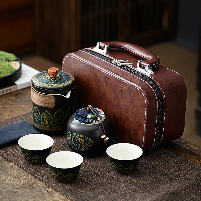 Chinese Ceramic Tea Set Suit One Pot Four Cups Carry Box