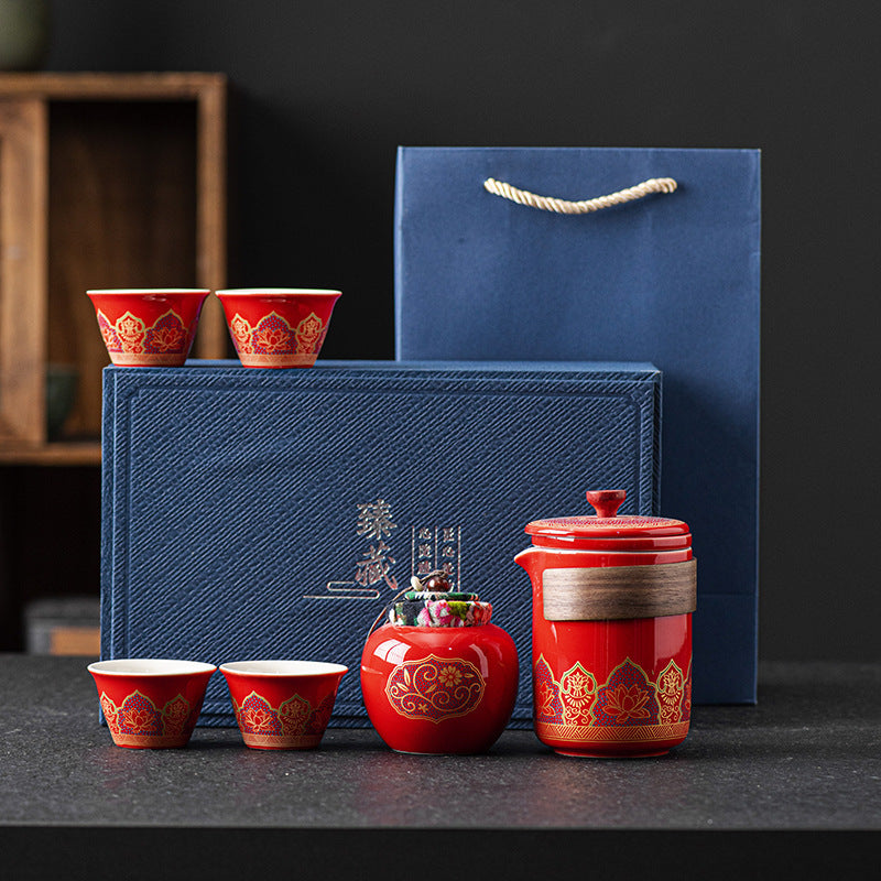 Chinese Ceramic Tea Set Suit One Pot Four Cups Gift Box