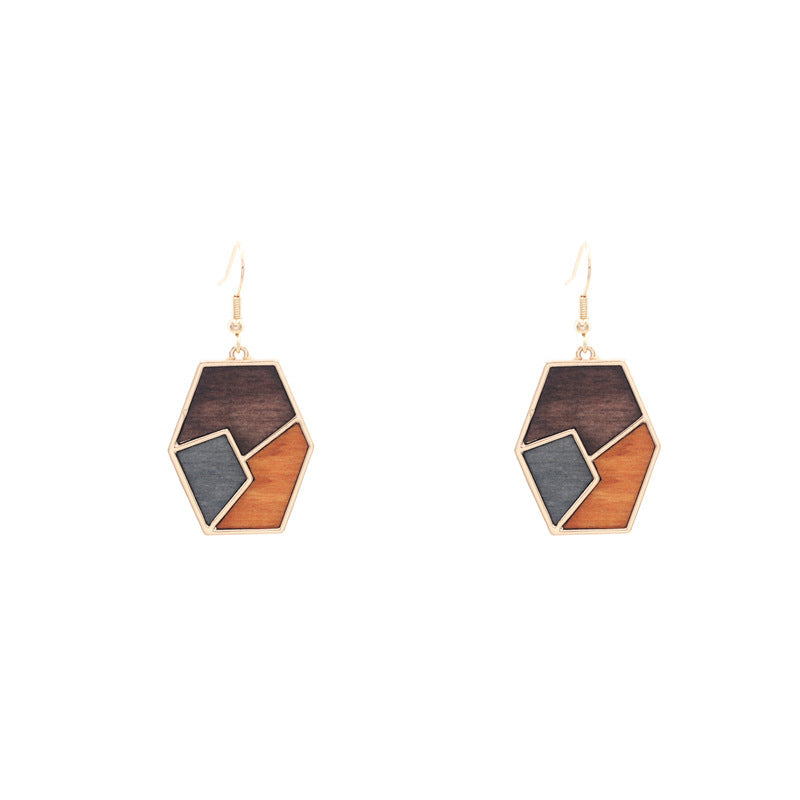 African Wood Earrings Hex Geometric