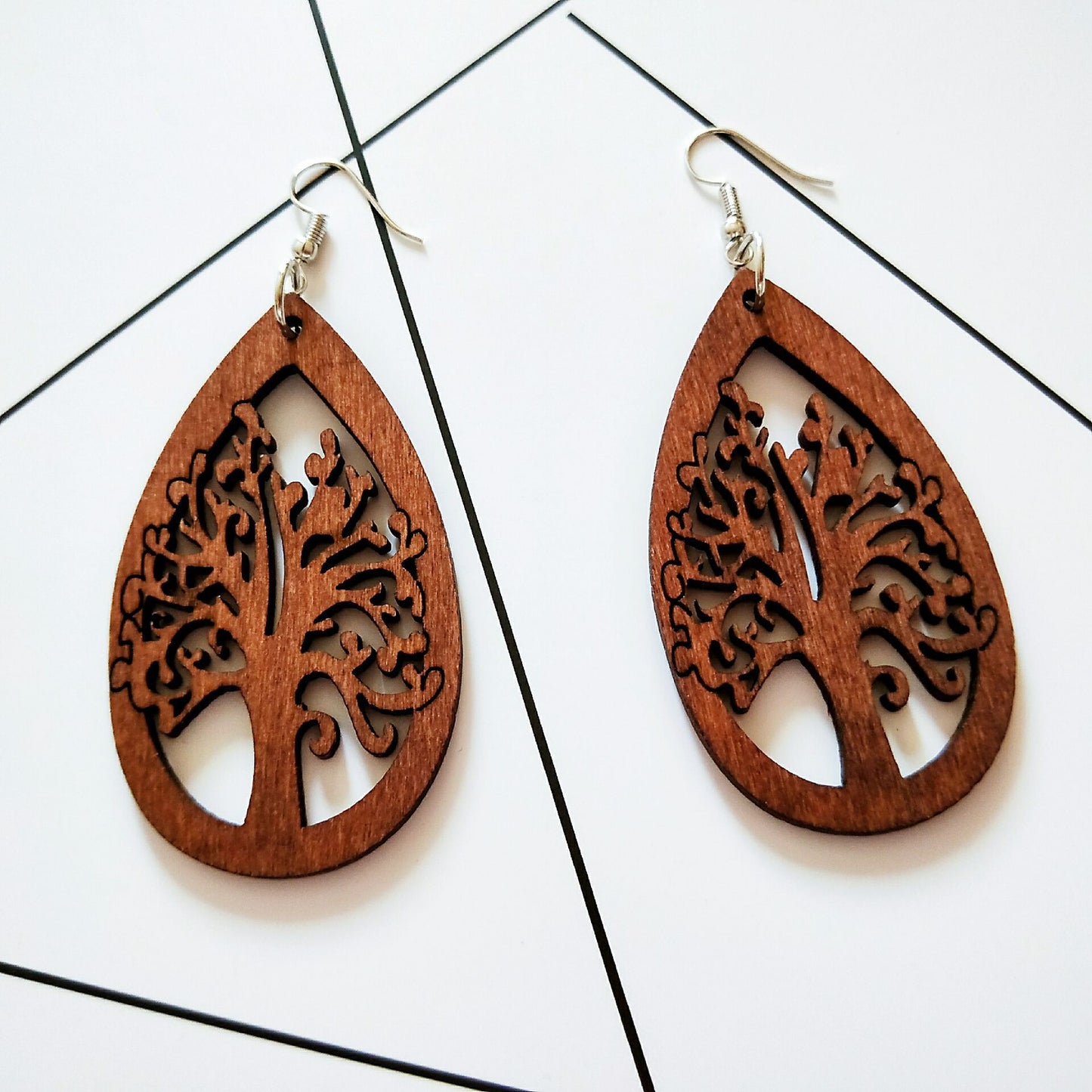 Wooden Tree Life Drop shaped Earrings