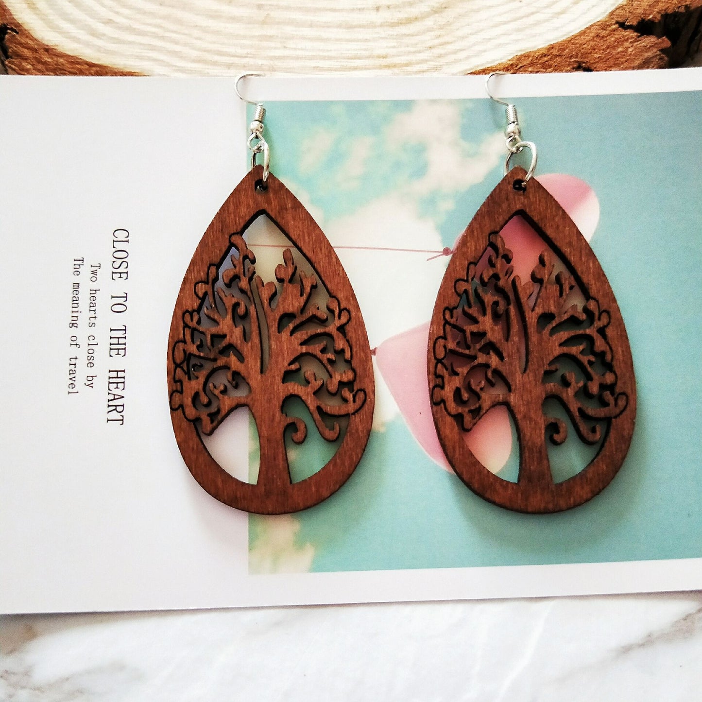 Wooden Tree Life Drop shaped Earrings