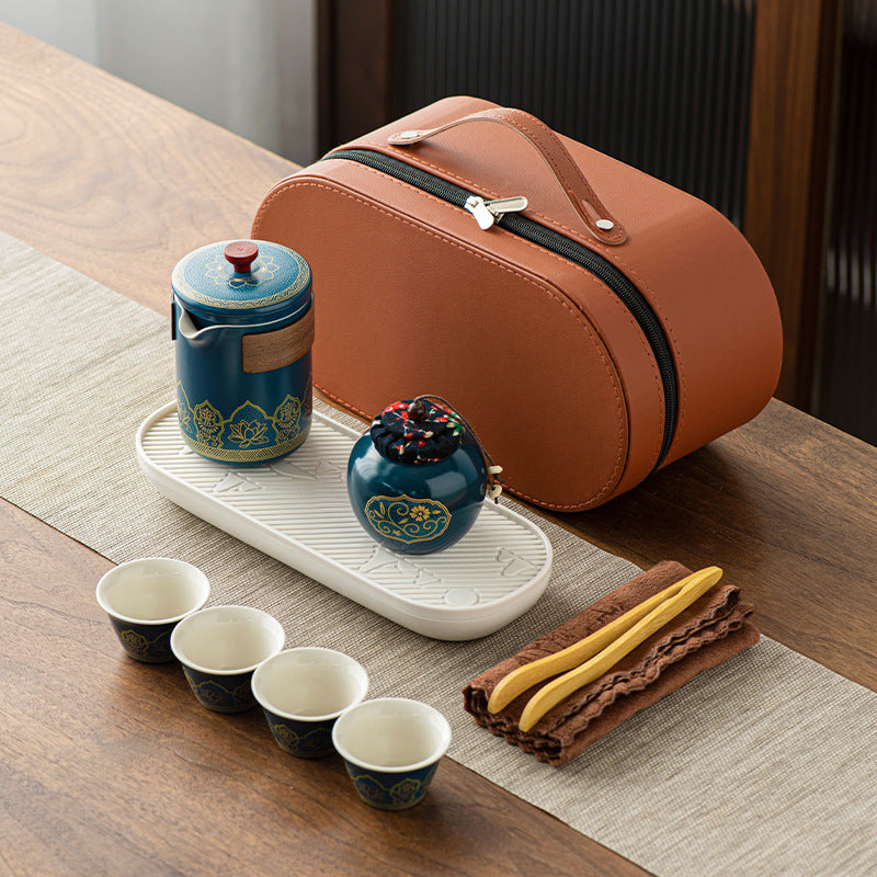 Chinese Ceramic Tea Set Suit One Pot Four Cups Carry Box