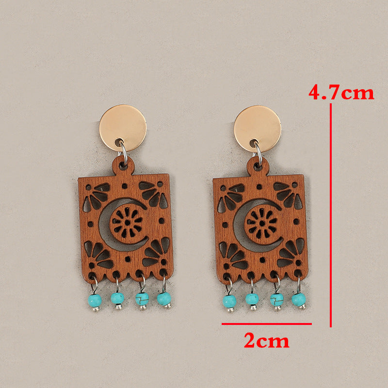 Geometric Hollow Wooden Earrings Turquoise Tassel Retro