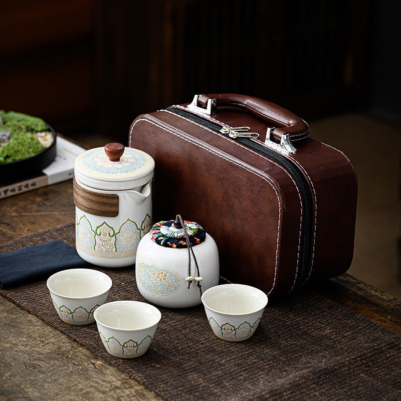 Chinese Ceramic Tea Set Suit One Pot Four Cups Carry Box