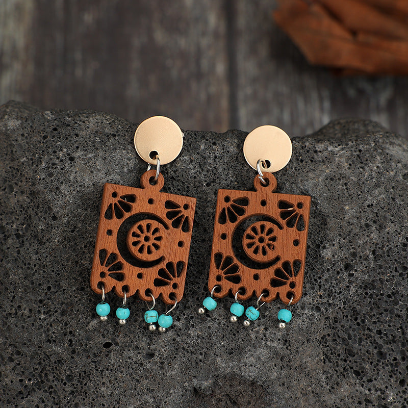 Geometric Hollow Wooden Earrings Turquoise Tassel Retro