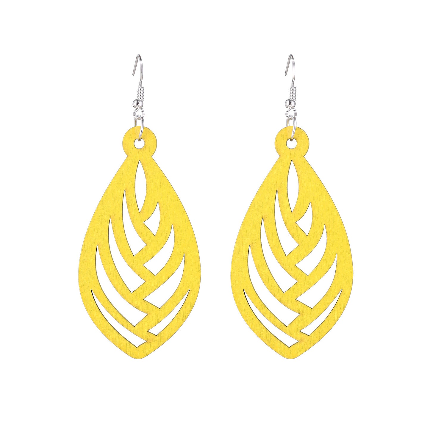 Yellow Hollow Wood Earrings Silver-Plated Ear Studs