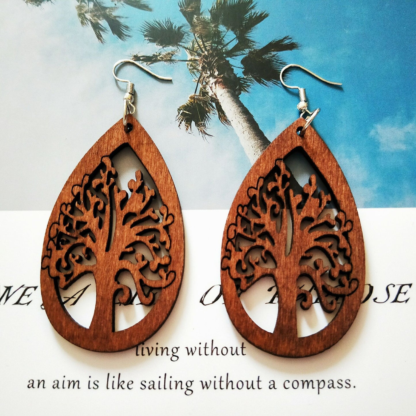 Wooden Tree Life Drop shaped Earrings