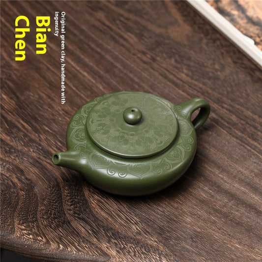 Raw Ore Green Clay Hand-carved Teapot