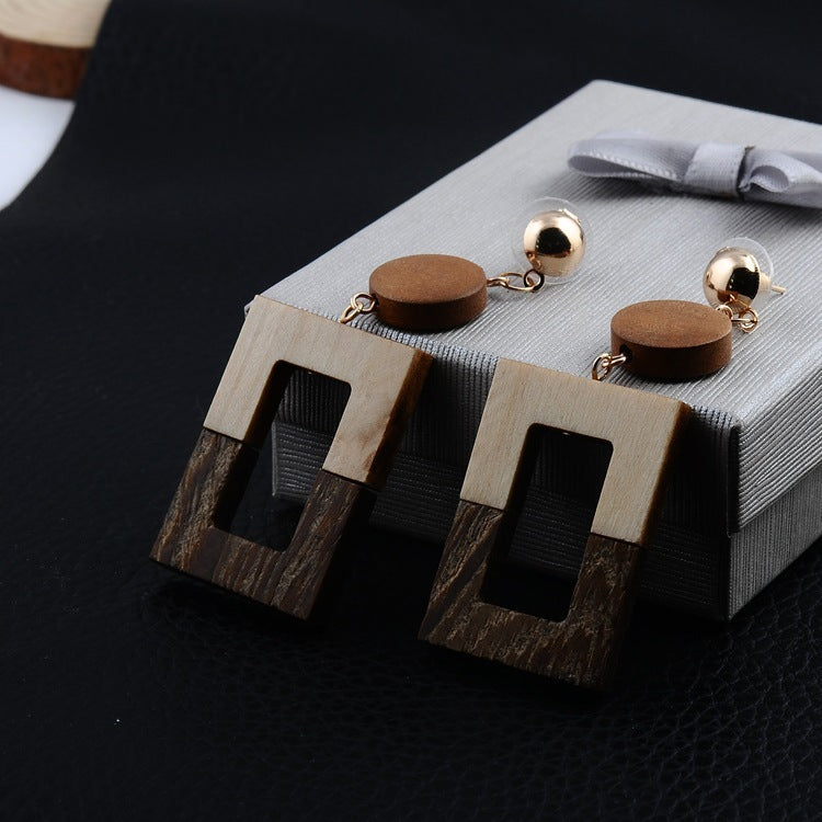 Hollow Rectangular Geometric wooden earrings