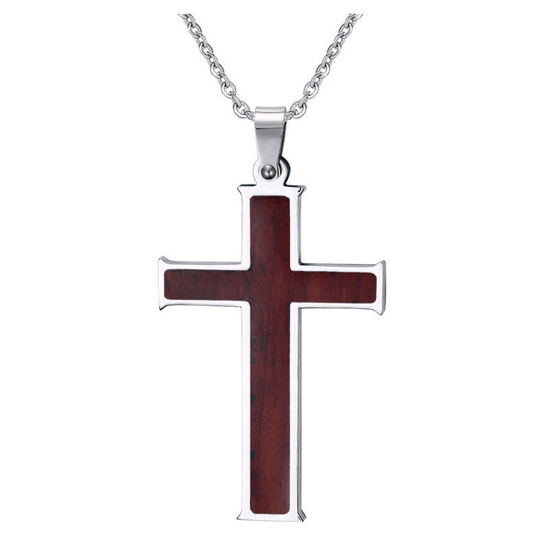Inlaid wood grain cross necklace