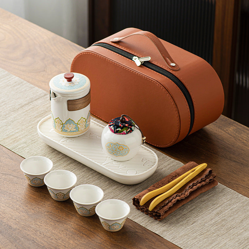 Chinese Ceramic Tea Set Suit One Pot Four Cups Carry Box