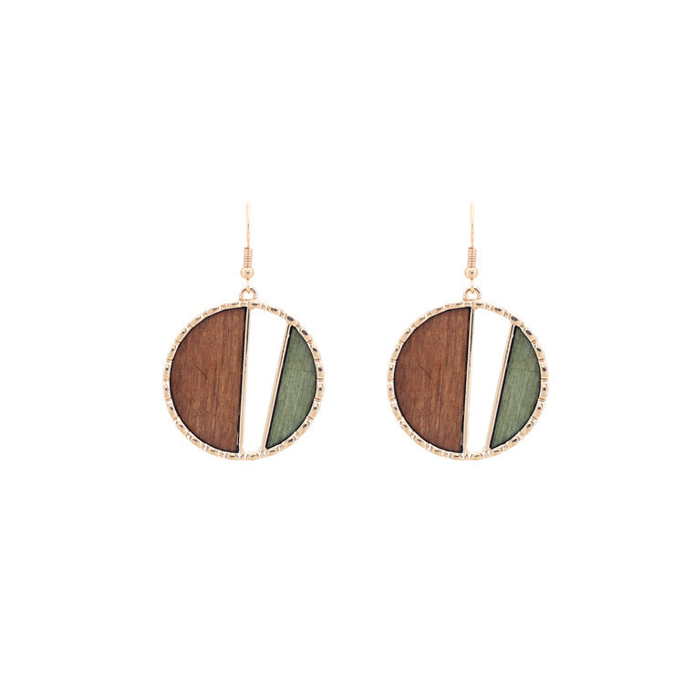 Wood Earrings round with strip  Simple Style
